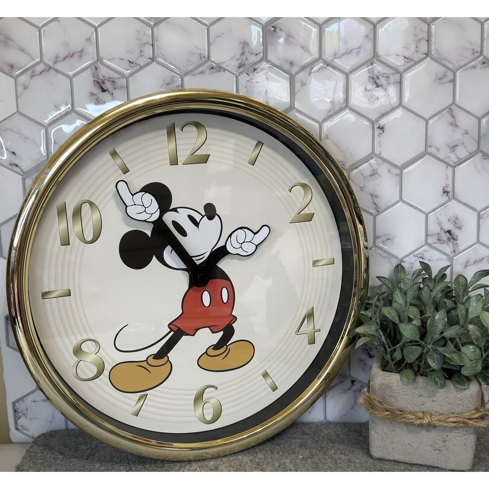 Disney Mickey Mouse Wall Clock Gold Tone Round Frame Disney Franchise Mk3096